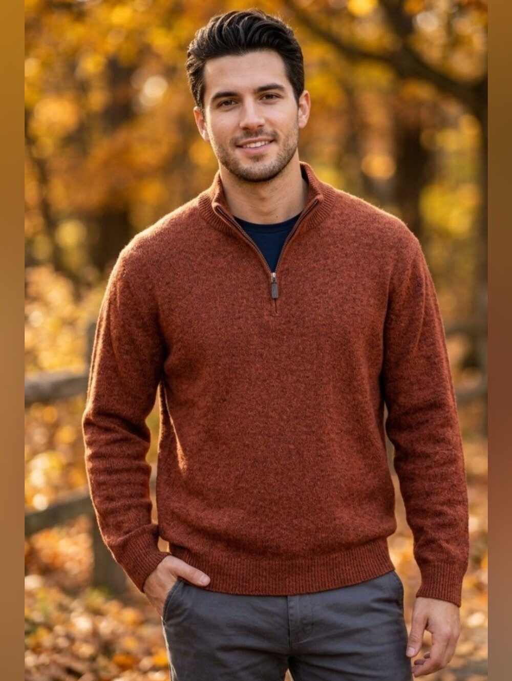 Cozy Half-Zip Men's Lambs Wool Sweater in Rust